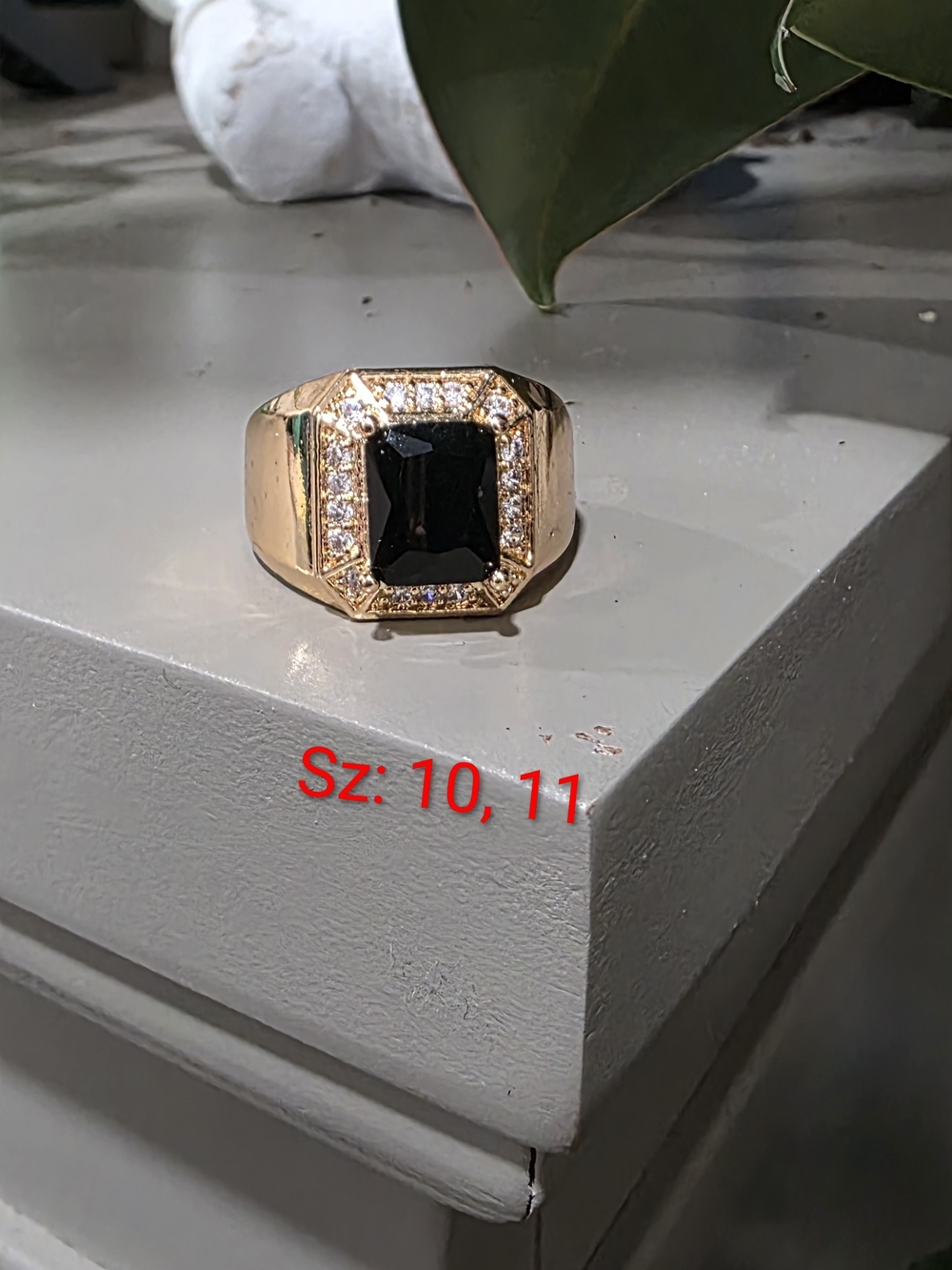14k Gold Plated Men's Ring with Black Center Stone and Clear Accents